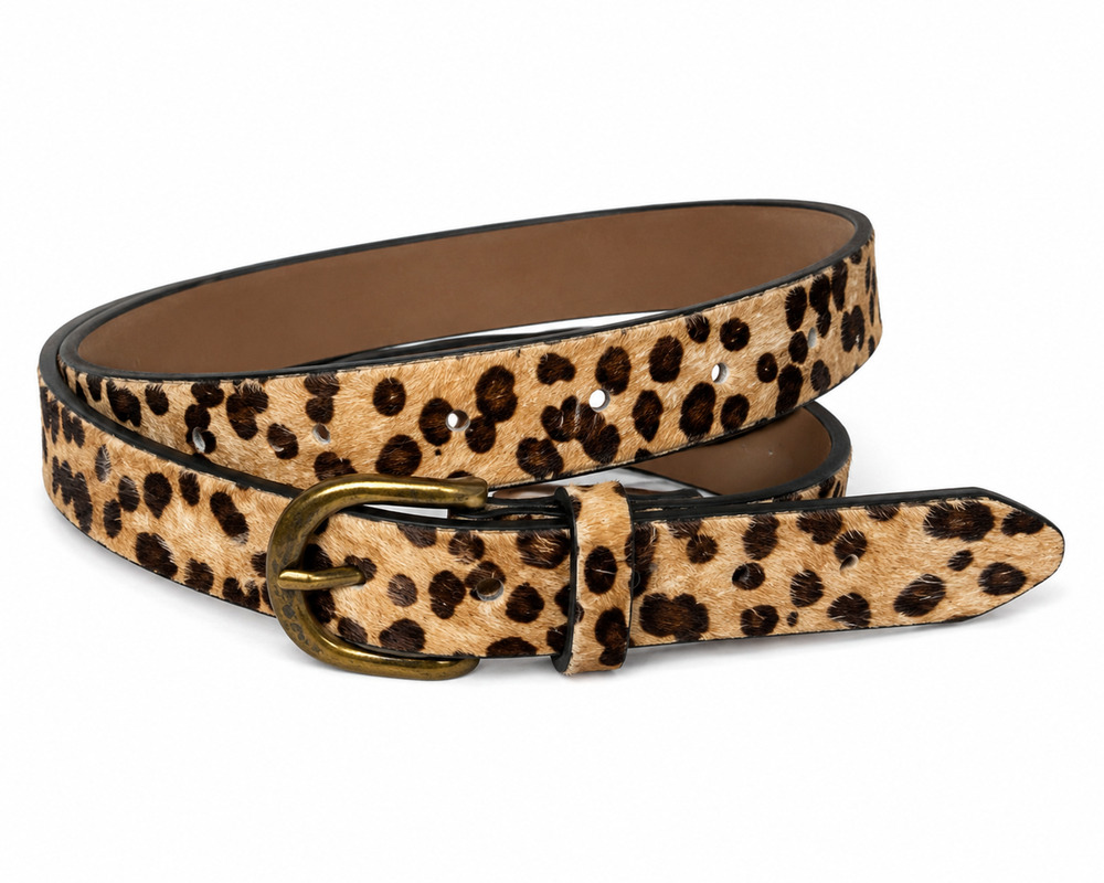 JIEDE Genuine Leather Leopard Print Haircalf Skinny Belt XS 33" Animal Print Tan